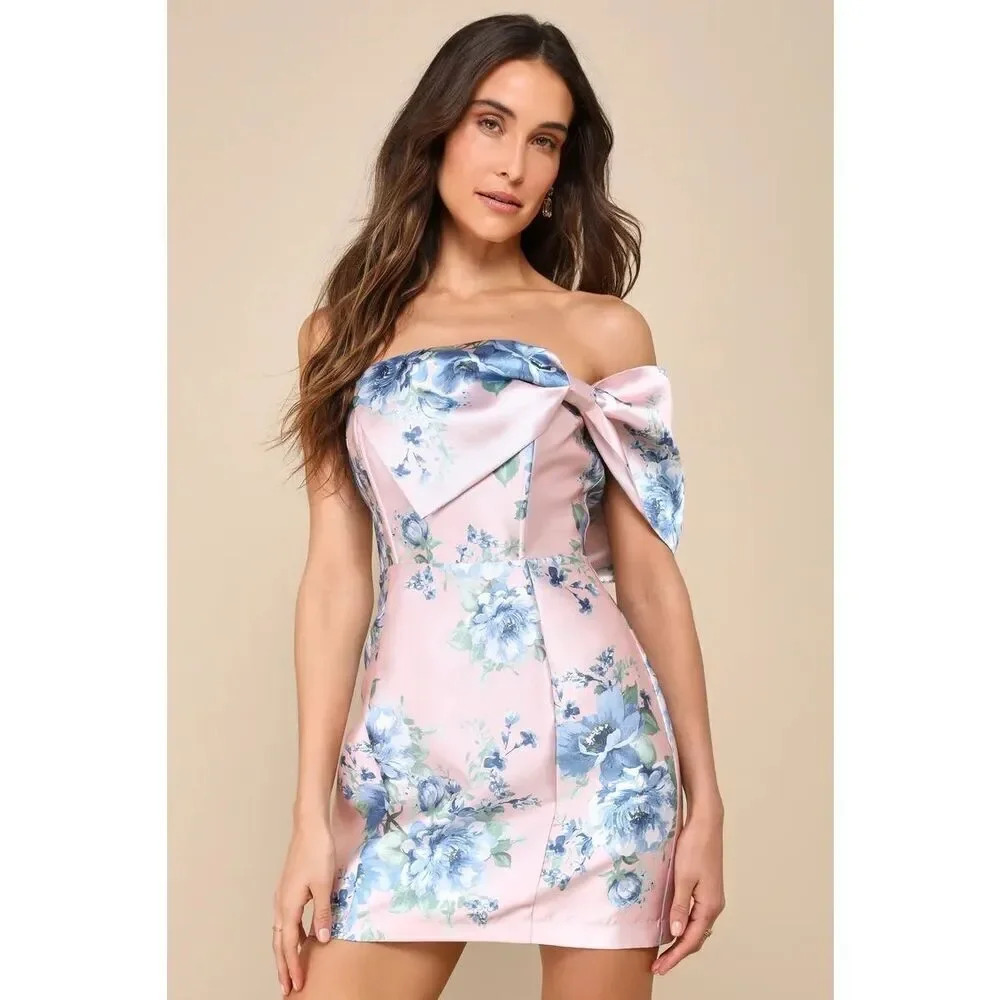 Lulus Soiree Darling Pink Floral Bow Off-the-Shoulder Mini Dress